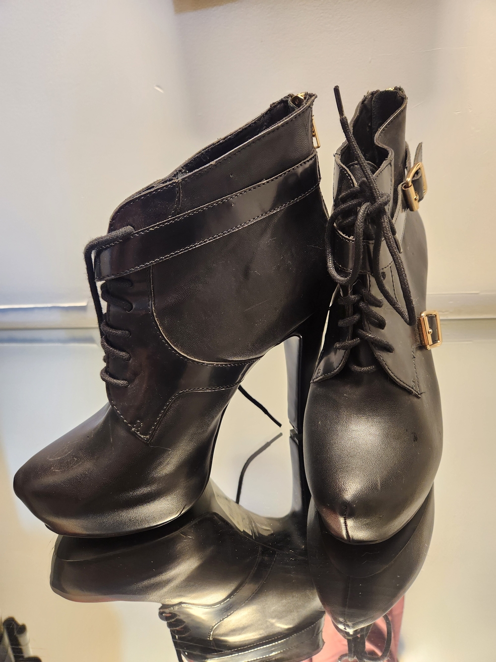 Black Lace-Up High Heel Ankle Boots with Gold Buckle - Picture 2 of 3